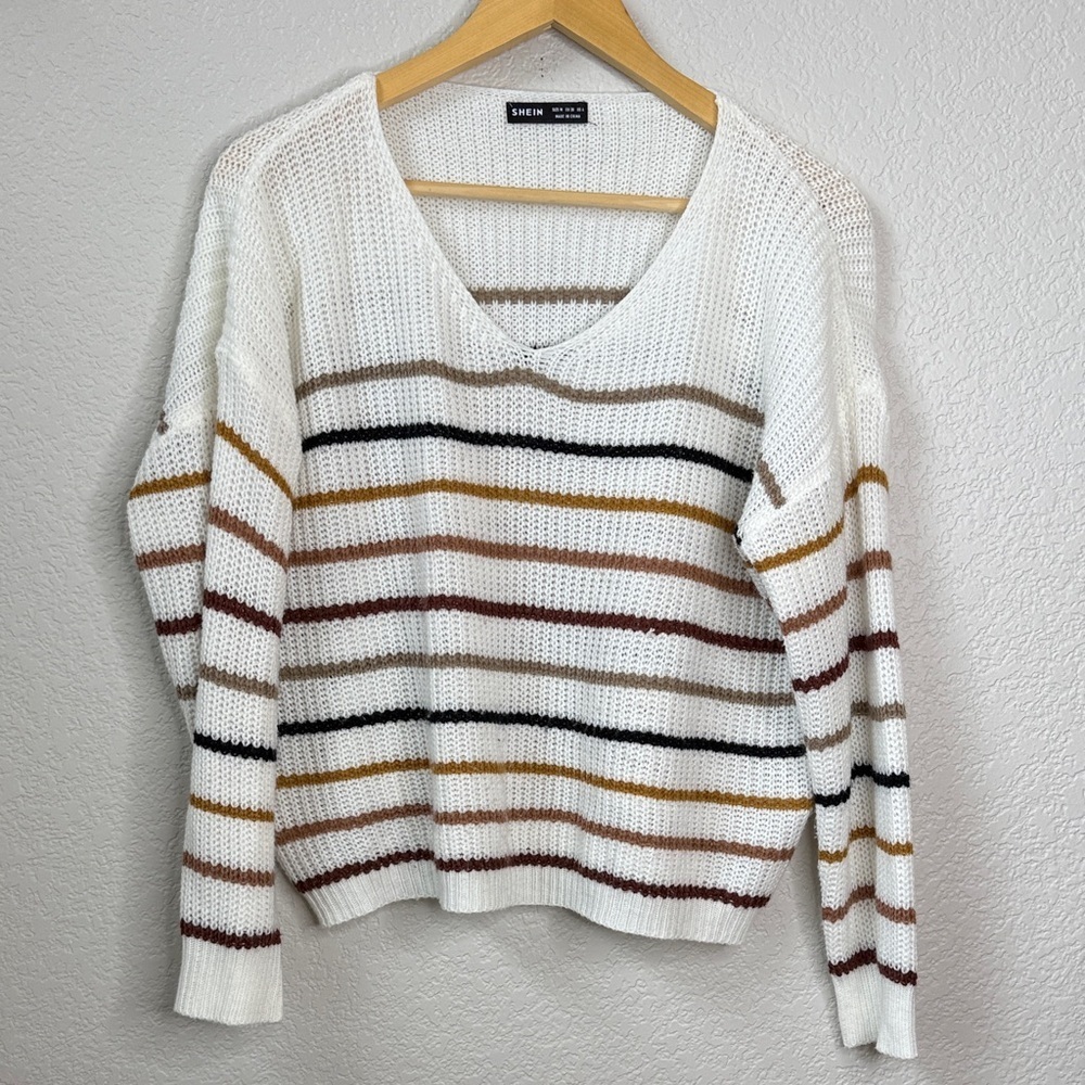 SHEIN Sweater Stripped V Neck Cream White size Medium - Picture 2 of 9